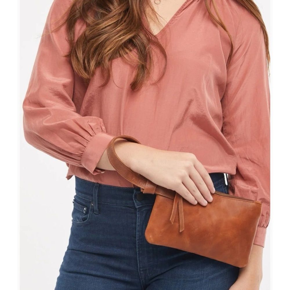ABLE Nubuck Leather Rachel Wristlet in Cognac